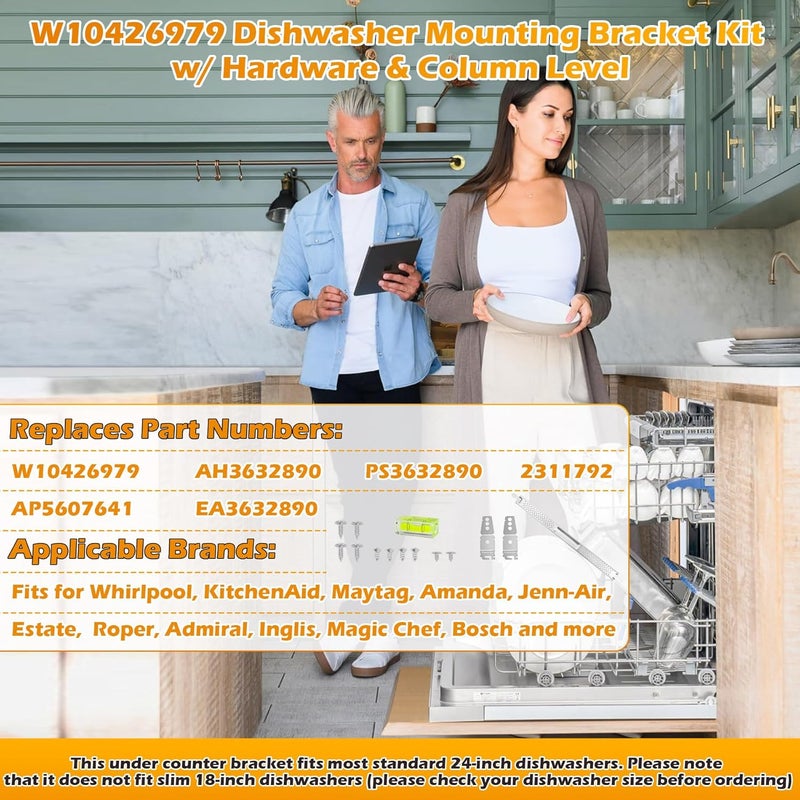 IWIWE W10426979 24" Dishwasher Undermount Bracket Kit Fits Whirlpool/KitchenAid/Maytag 24 Inch Standard Replaces AH3632890/EA3632890/PS3632890/2311792 for Granite & Quartz Countertops (w/ Column Level) - Image 4